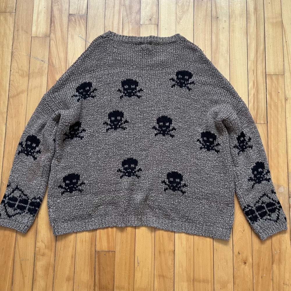 Seductions Skull & Crossbones Knit Sweater Taupe Black M L Goth Grunge Emo Y2k - Picture 5 of 7